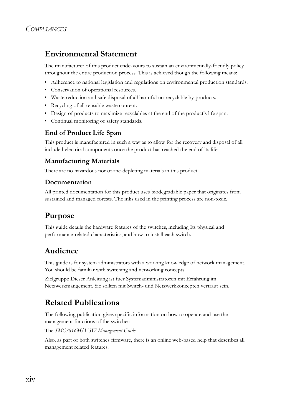 Xiv environmental statement, Purpose, Audience | Related publications | SMC Networks VDSL2 User Manual | Page 14 / 96