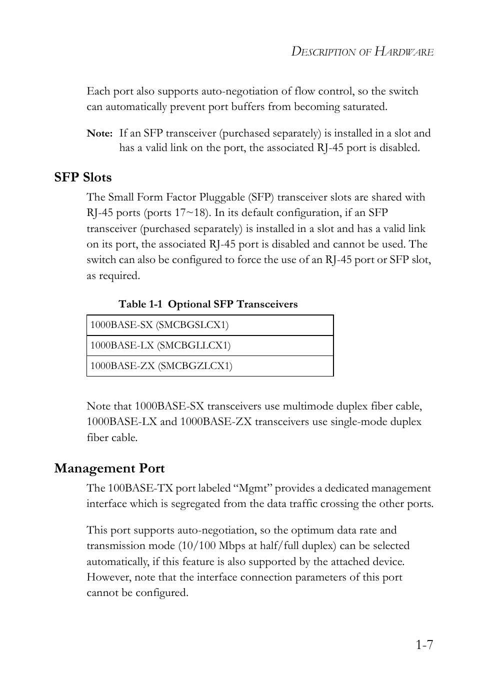 Sfp slots, Management port, Sfp slots -7 management port -7 | Table 1-1 optional sfp transceivers -7 | SMC Networks VDSL2 User Manual | Page 27 / 96