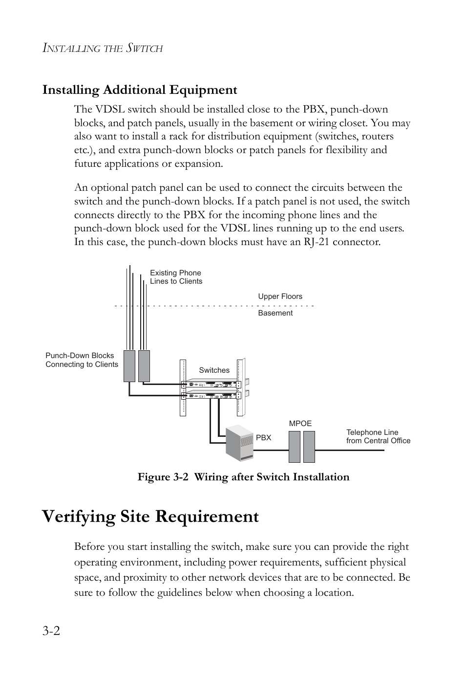 Installing additional equipment, Verifying site requirement, Installing additional equipment -2 | Verifying site requirement -2, Figure 3-2, Wiring after switch installation -2, 2 installing additional equipment, Nstalling, Witch | SMC Networks VDSL2 User Manual | Page 40 / 96