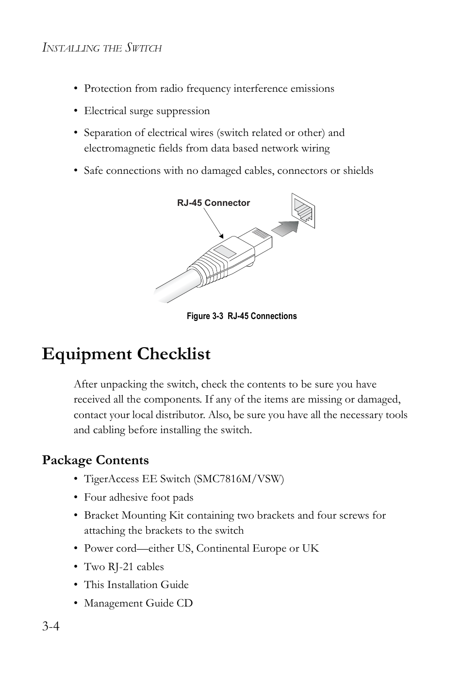 Equipment checklist, Package contents, Equipment checklist -4 | Package contents -4, Figure 3-3, Rj-45 connections -4 | SMC Networks VDSL2 User Manual | Page 42 / 96