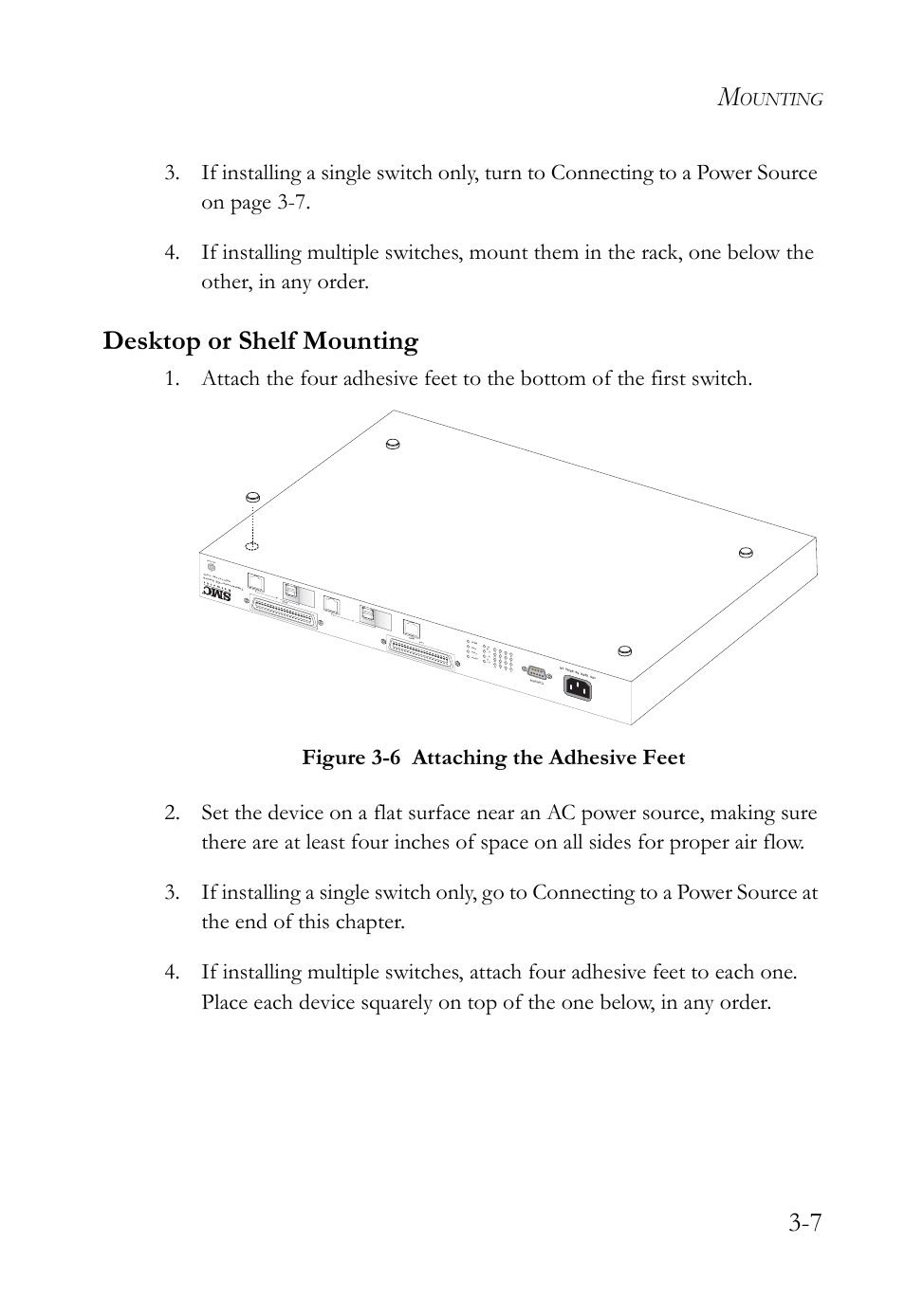 Desktop or shelf mounting, Desktop or shelf mounting -7, Figure 3-6 | Attaching the adhesive feet -7, Ounting, Esd port sm c 78 16 m vs w | SMC Networks VDSL2 User Manual | Page 45 / 96