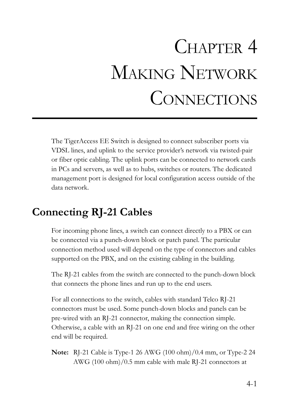 Chapter 4 making network connections, Connecting rj-21 cables, Making network connections -1 | Connecting rj-21 cables -1, Hapter, Aking, Etwork, Onnections | SMC Networks VDSL2 User Manual | Page 51 / 96