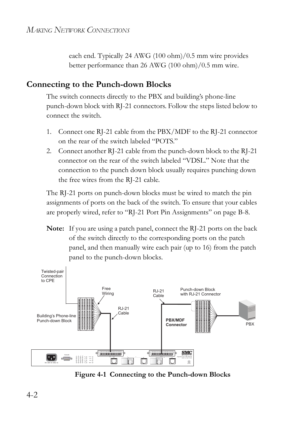 Connecting to the punch-down blocks, Connecting to the punch-down blocks -2, Figure 4-1 | Aking, Etwork, Onnections | SMC Networks VDSL2 User Manual | Page 52 / 96