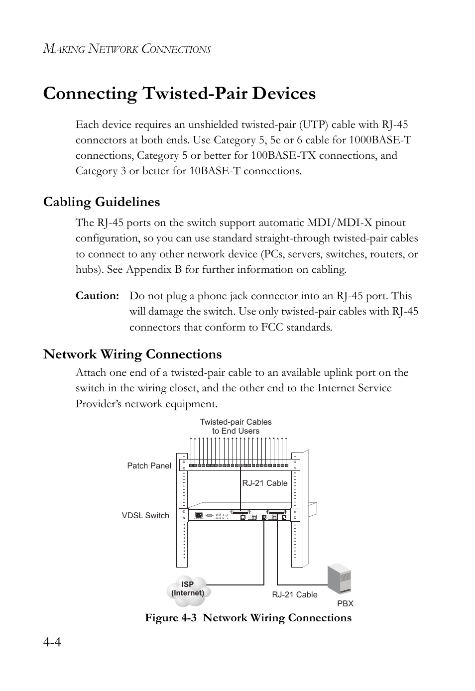Connecting twisted-pair devices, Cabling guidelines, Network wiring connections | Connecting twisted-pair devices -4, Figure 4-3, Network wiring connections -4 | SMC Networks VDSL2 User Manual | Page 54 / 96
