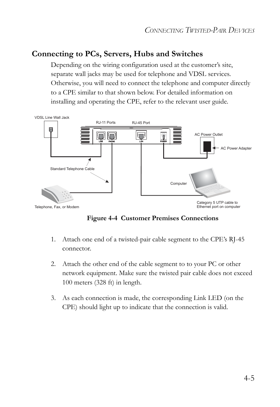 Connecting to pcs, servers, hubs and switches, Connecting to pcs, servers, hubs and switches -5, Figure 4-4 | Customer premises connections -5, 5 connecting to pcs, servers, hubs and switches | SMC Networks VDSL2 User Manual | Page 55 / 96