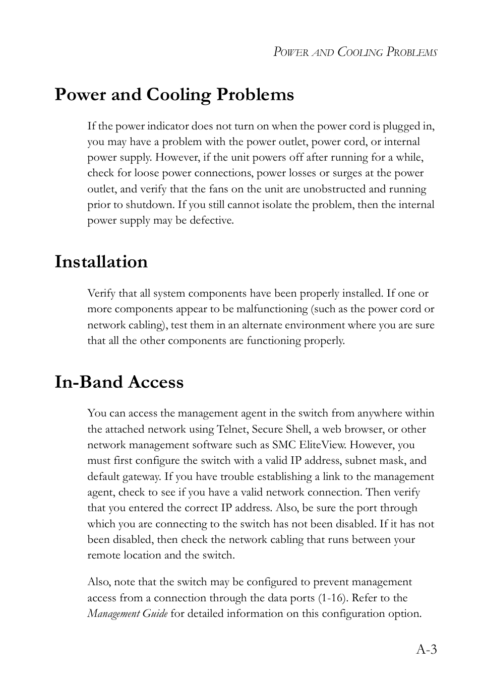 Power and cooling problems, Installation, In-band access | SMC Networks VDSL2 User Manual | Page 63 / 96