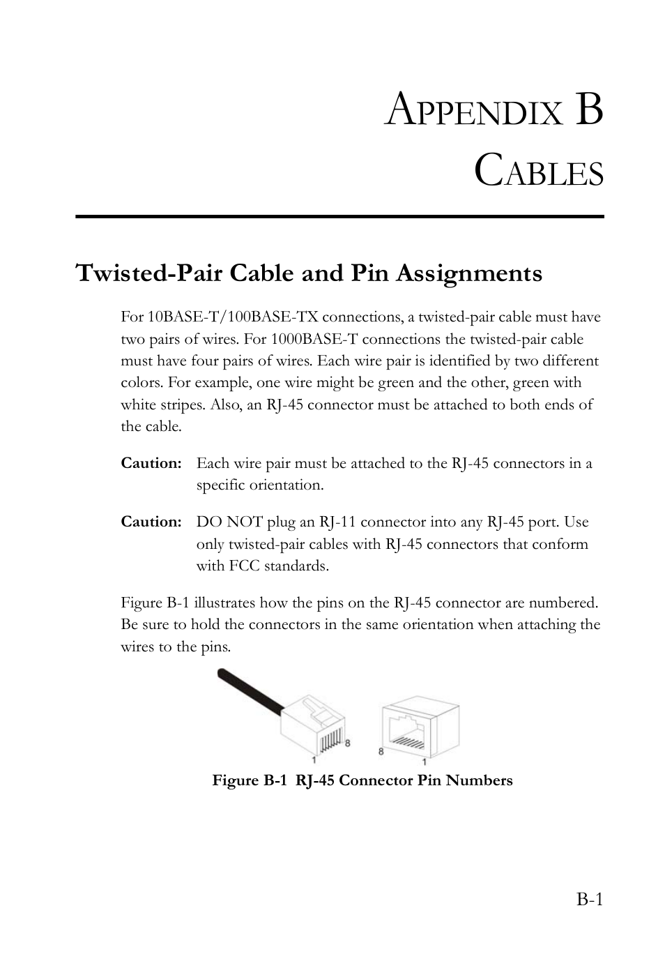 Appendix b cables, Twisted-pair cable and pin assignments, Figure b-1 | Ppendix, Ables | SMC Networks VDSL2 User Manual | Page 65 / 96