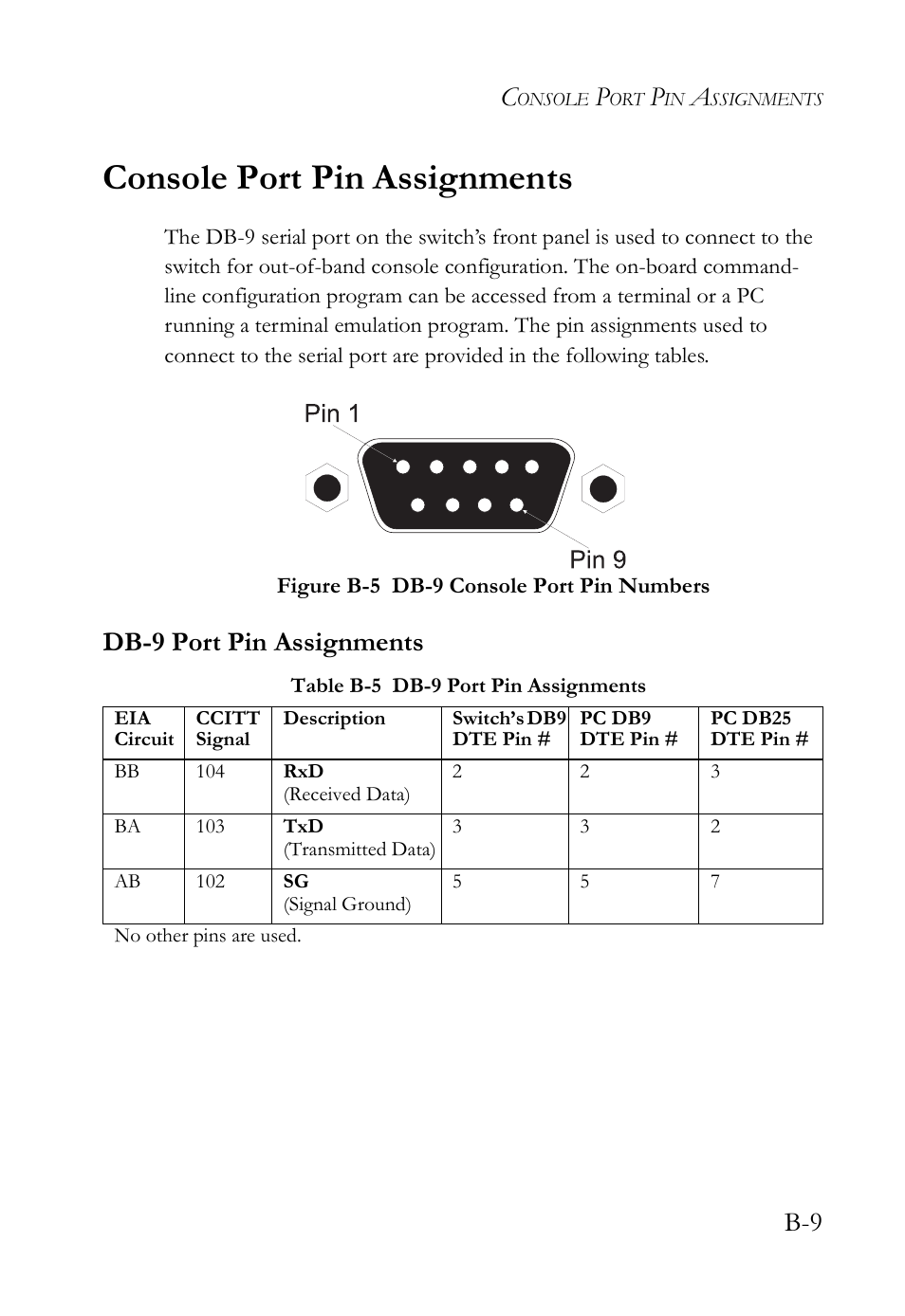 Console port pin assignments, Db-9 port pin assignments, Figure b-5 | SMC Networks VDSL2 User Manual | Page 73 / 96