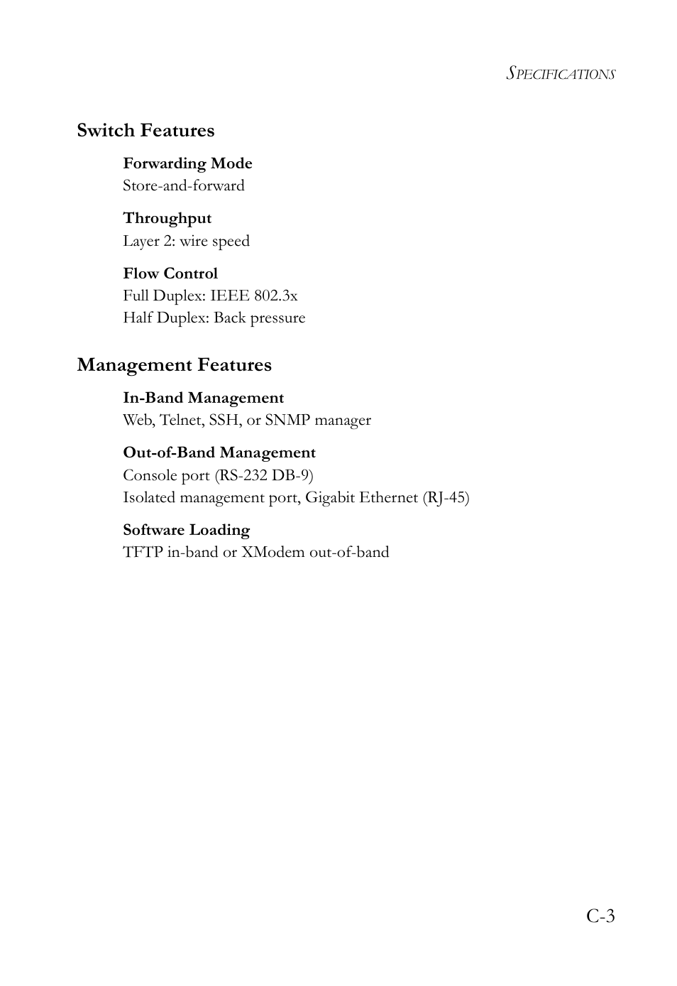 Switch features, Management features, C-3 switch features | SMC Networks VDSL2 User Manual | Page 77 / 96