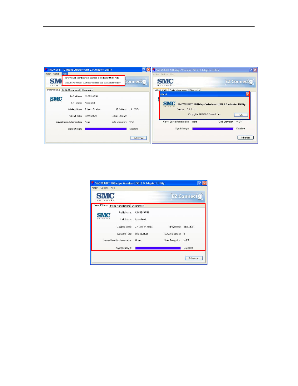 Help tab, Current status tab | SMC Networks SMCWUSBT-G User Manual | Page 23 / 37