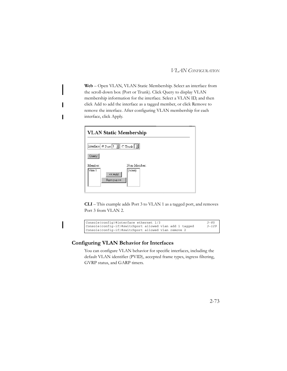 Configuring vlan behavior for interfaces, Configuring vlan behavior for interfaces -73, Vlan c | SMC Networks TigerSwitch 100 User Manual | Page 103 / 334
