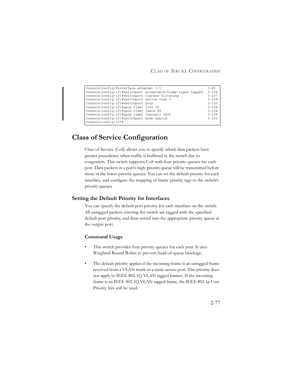 Class of service configuration, Setting the default priority for interfaces, Class of service configuration -77 | Setting the default priority for interfaces -77, Command usage | SMC Networks TigerSwitch 100 User Manual | Page 107 / 334