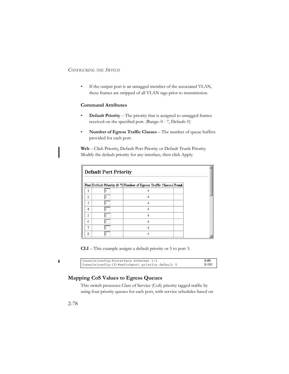 Mapping cos values to egress queues, Mapping cos values to egress queues -78 | SMC Networks TigerSwitch 100 User Manual | Page 108 / 334