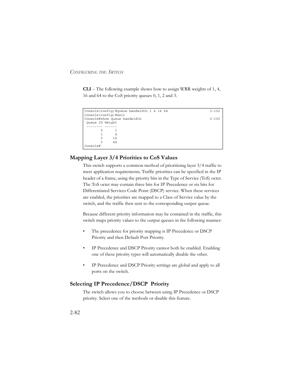 Mapping layer 3/4 priorities to cos values, Selecting ip precedence/dscp priority | SMC Networks TigerSwitch 100 User Manual | Page 112 / 334