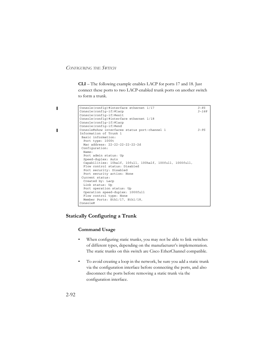 Statically configuring a trunk, Statically configuring a trunk -92, Command usage | SMC Networks TigerSwitch 100 User Manual | Page 122 / 334
