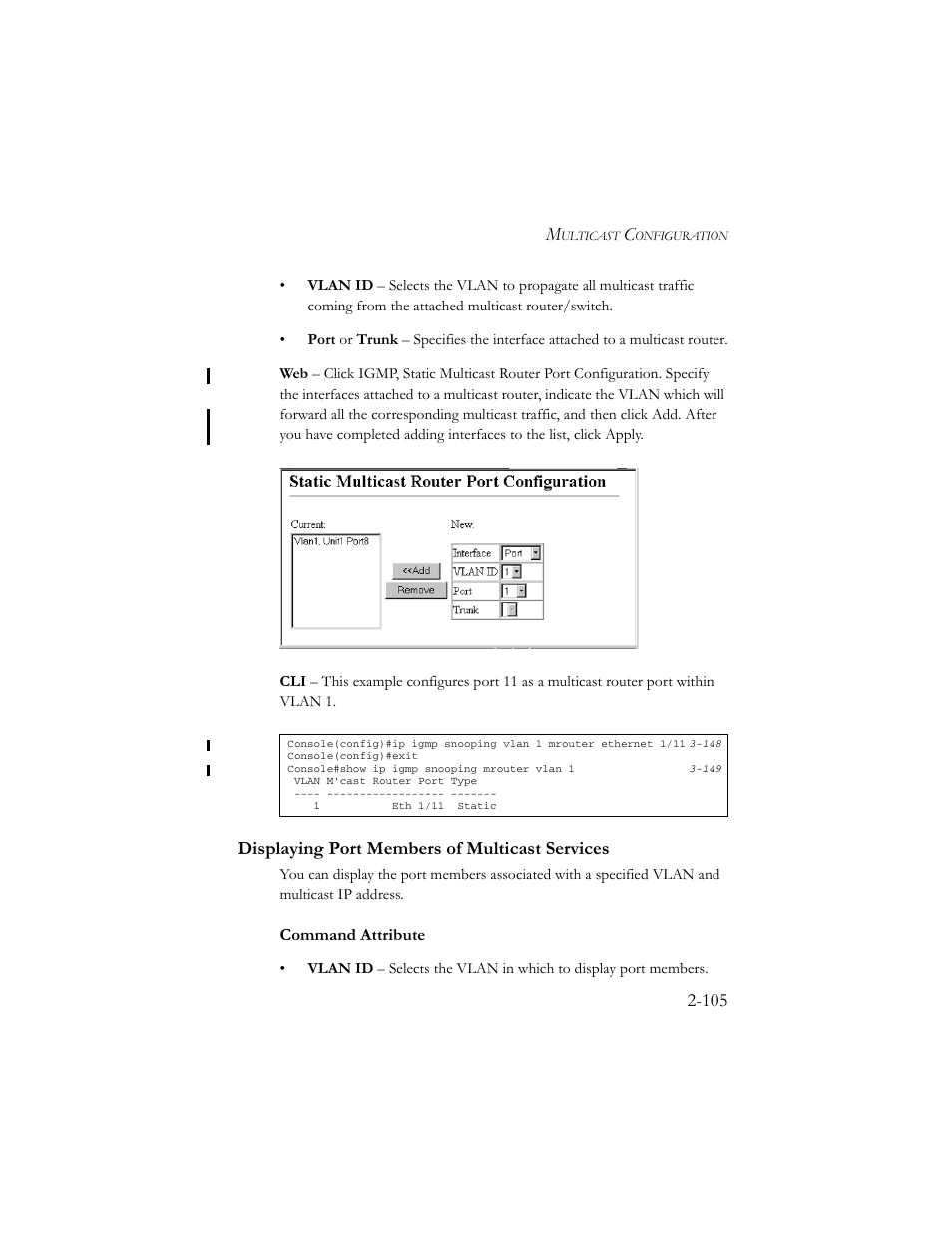 Displaying port members of multicast services, Displaying port members of multicast services -105 | SMC Networks TigerSwitch 100 User Manual | Page 135 / 334