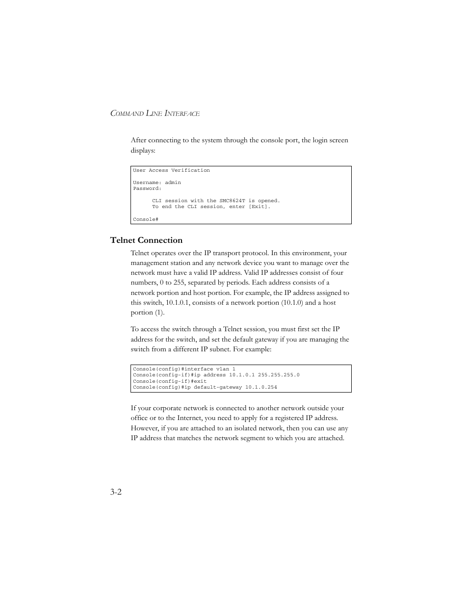 Telnet connection, Telnet connection -2 | SMC Networks TigerSwitch 100 User Manual | Page 146 / 334