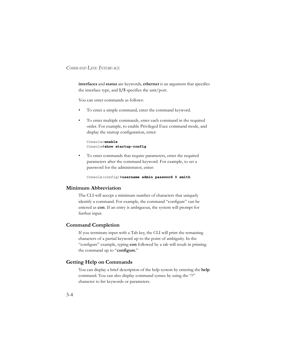 Minimum abbreviation, Command completion, Getting help on commands | SMC Networks TigerSwitch 100 User Manual | Page 148 / 334