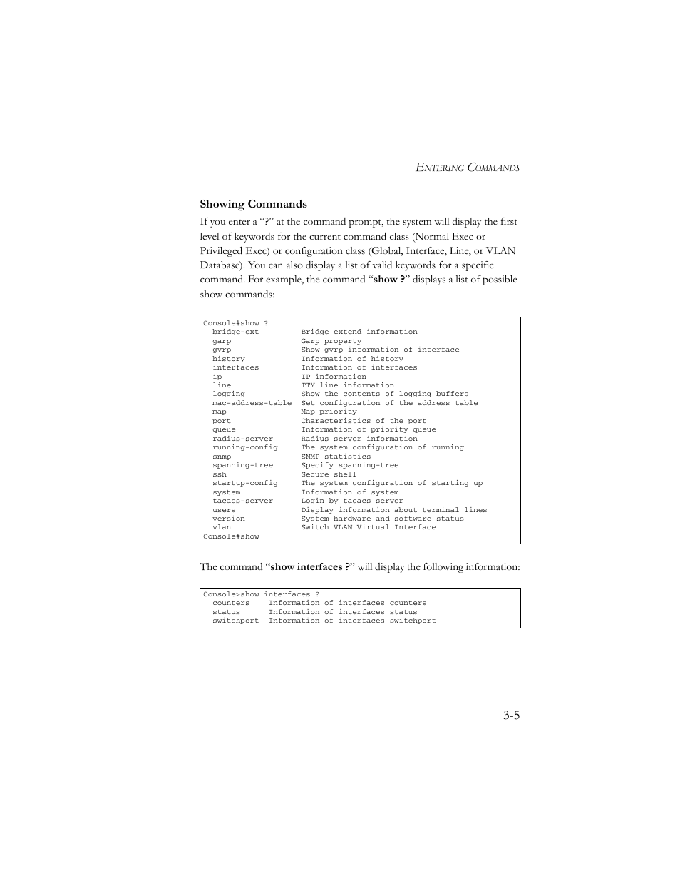 Showing commands | SMC Networks TigerSwitch 100 User Manual | Page 149 / 334