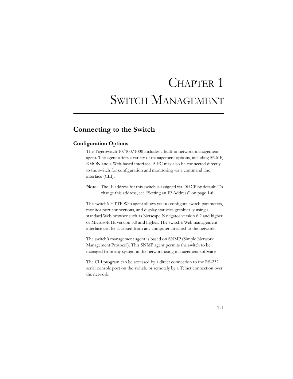 Chapter 1 switch management, Connecting to the switch, Configuration options | Switch management -1, Connecting to the switch -1, Configuration options -1, Hapter, Witch, Anagement | SMC Networks TigerSwitch 100 User Manual | Page 15 / 334