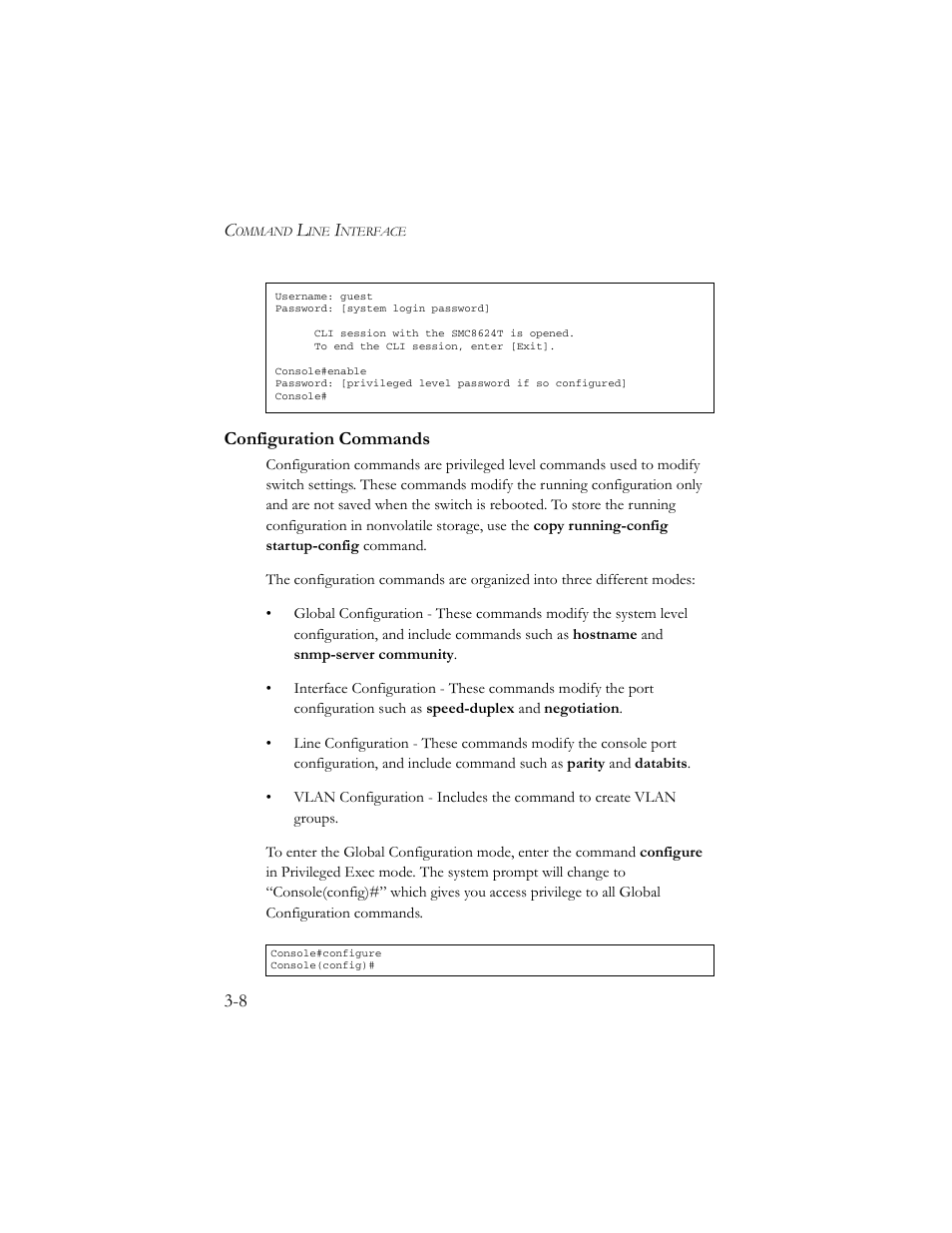 Configuration commands, Configuration commands -8 | SMC Networks TigerSwitch 100 User Manual | Page 152 / 334
