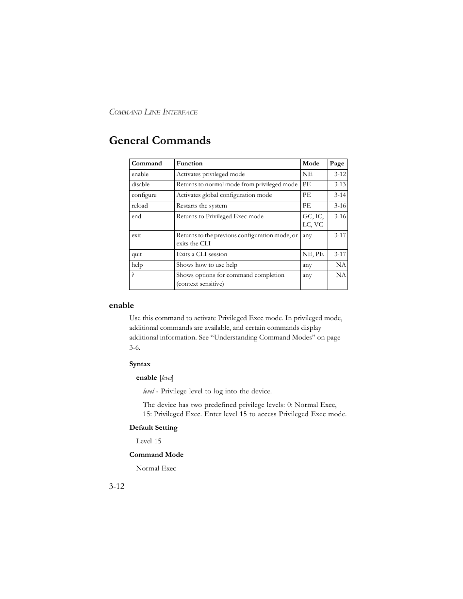 General commands, Enable, General commands -12 | Enable -12 | SMC Networks TigerSwitch 100 User Manual | Page 156 / 334