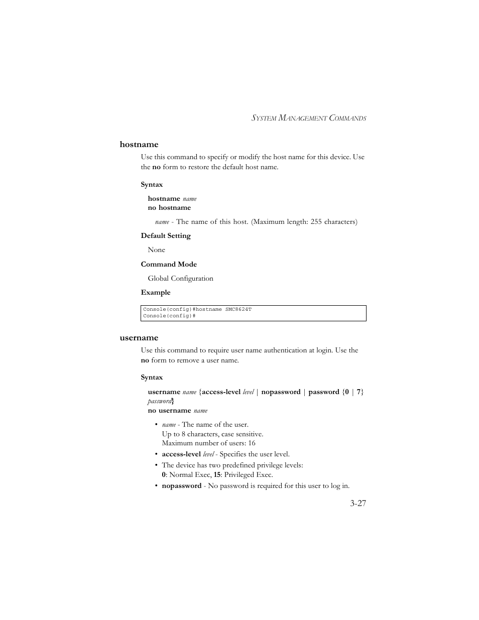 Hostname, Username, Hostname -27 username -27 | SMC Networks TigerSwitch 100 User Manual | Page 171 / 334