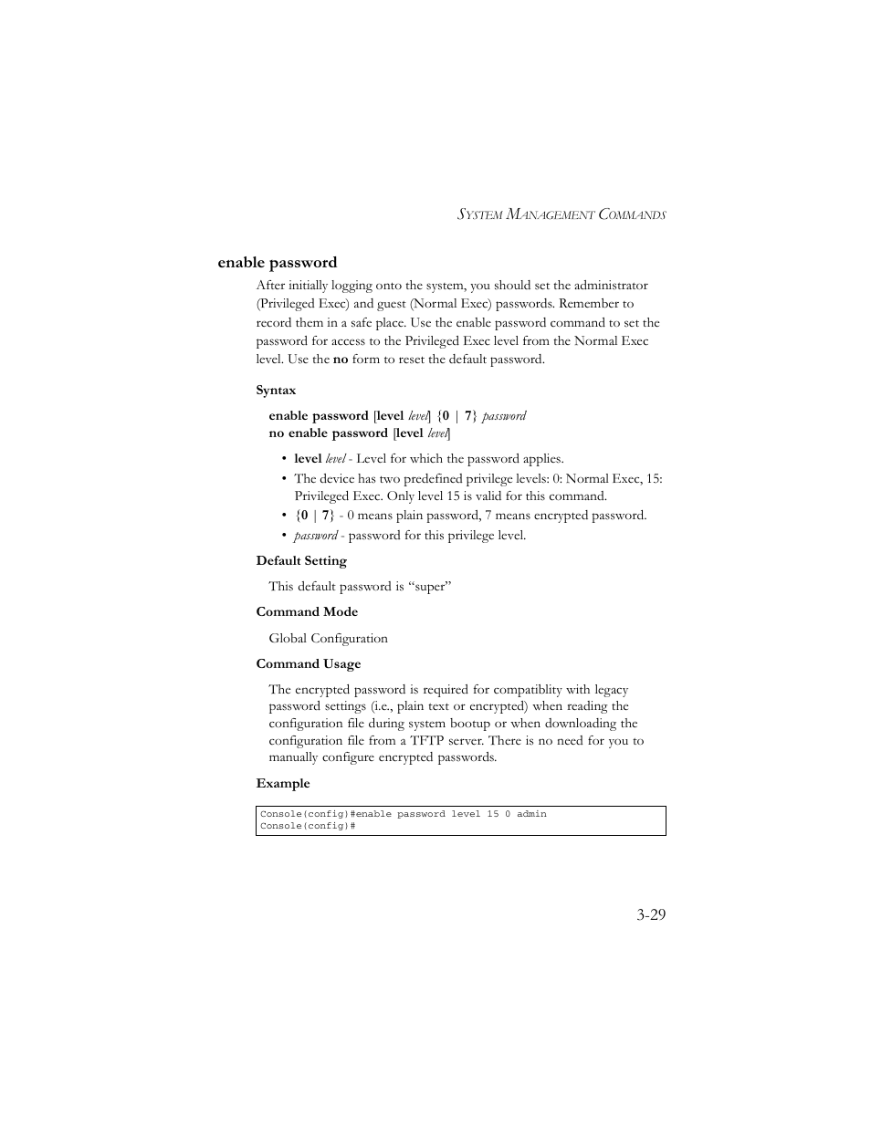 Enable password, Enable password -29, Ge 3-29.) | Enable password (3-29) | SMC Networks TigerSwitch 100 User Manual | Page 173 / 334