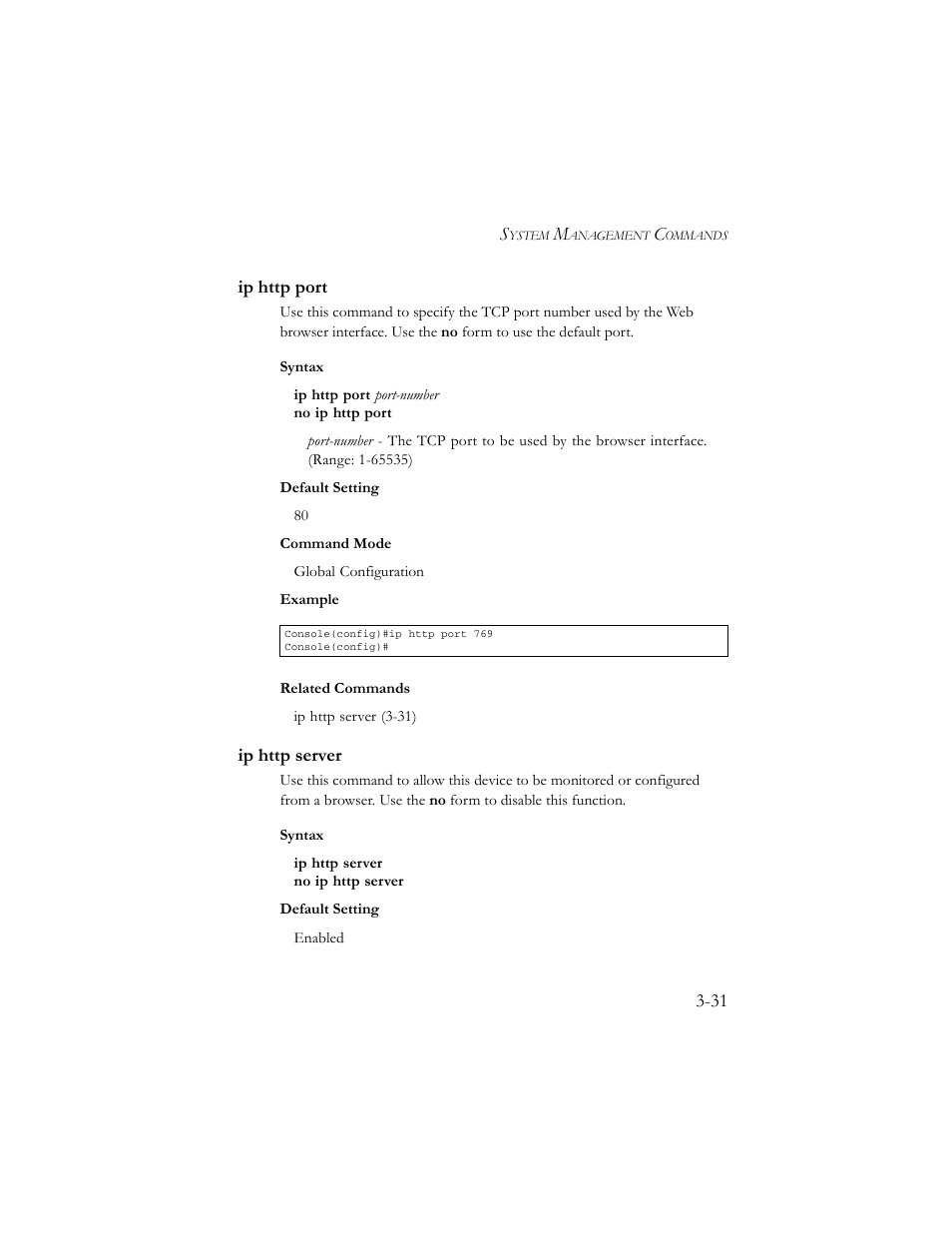Ip http port, Ip http server, Ip http port -31 ip http server -31 | SMC Networks TigerSwitch 100 User Manual | Page 175 / 334