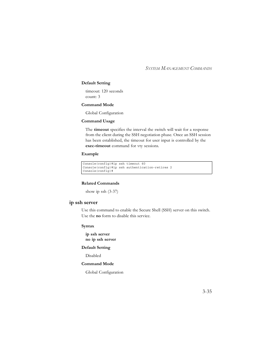 Ip ssh server, Ip ssh server -35 | SMC Networks TigerSwitch 100 User Manual | Page 179 / 334