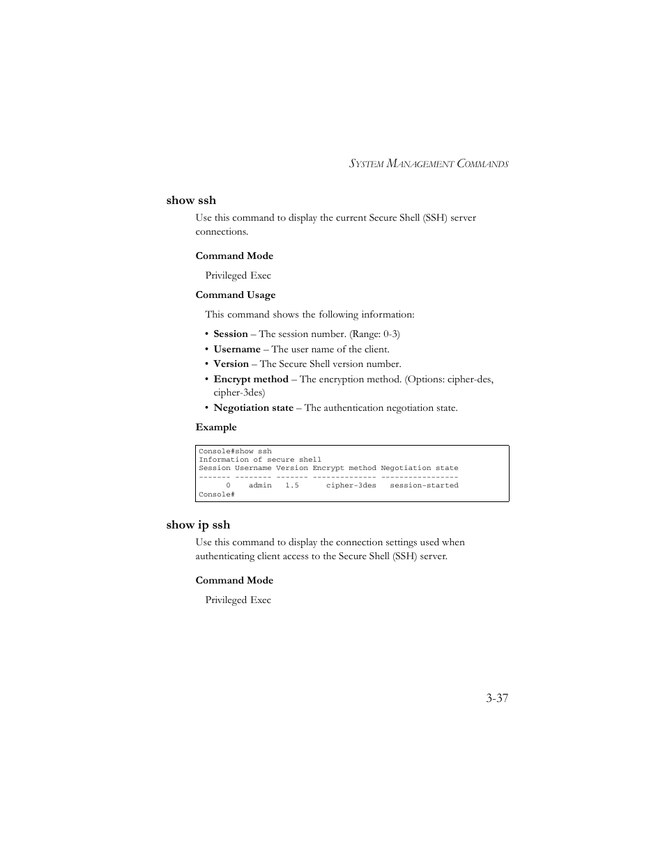Show ssh, Show ip ssh, Show ssh -37 show ip ssh -37 | 37 show ssh | SMC Networks TigerSwitch 100 User Manual | Page 181 / 334