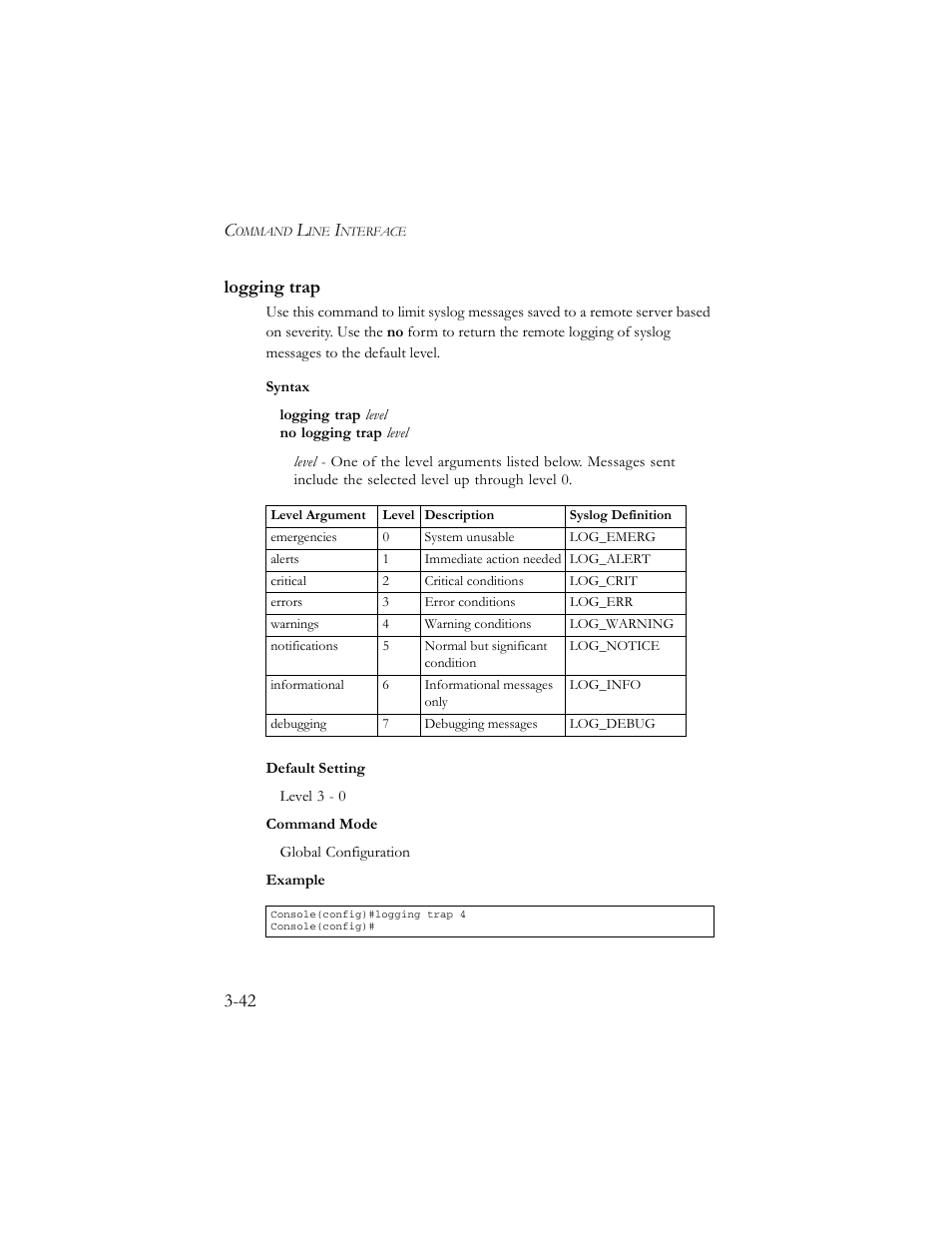 Logging trap, Logging trap -42, 42 logging trap | SMC Networks TigerSwitch 100 User Manual | Page 186 / 334