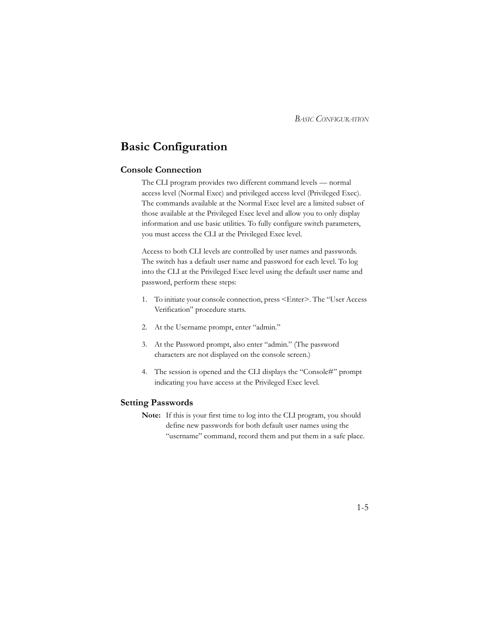 Basic configuration, Console connection, Setting passwords | Basic configuration -5, Console connection -5 setting passwords -5 | SMC Networks TigerSwitch 100 User Manual | Page 19 / 334