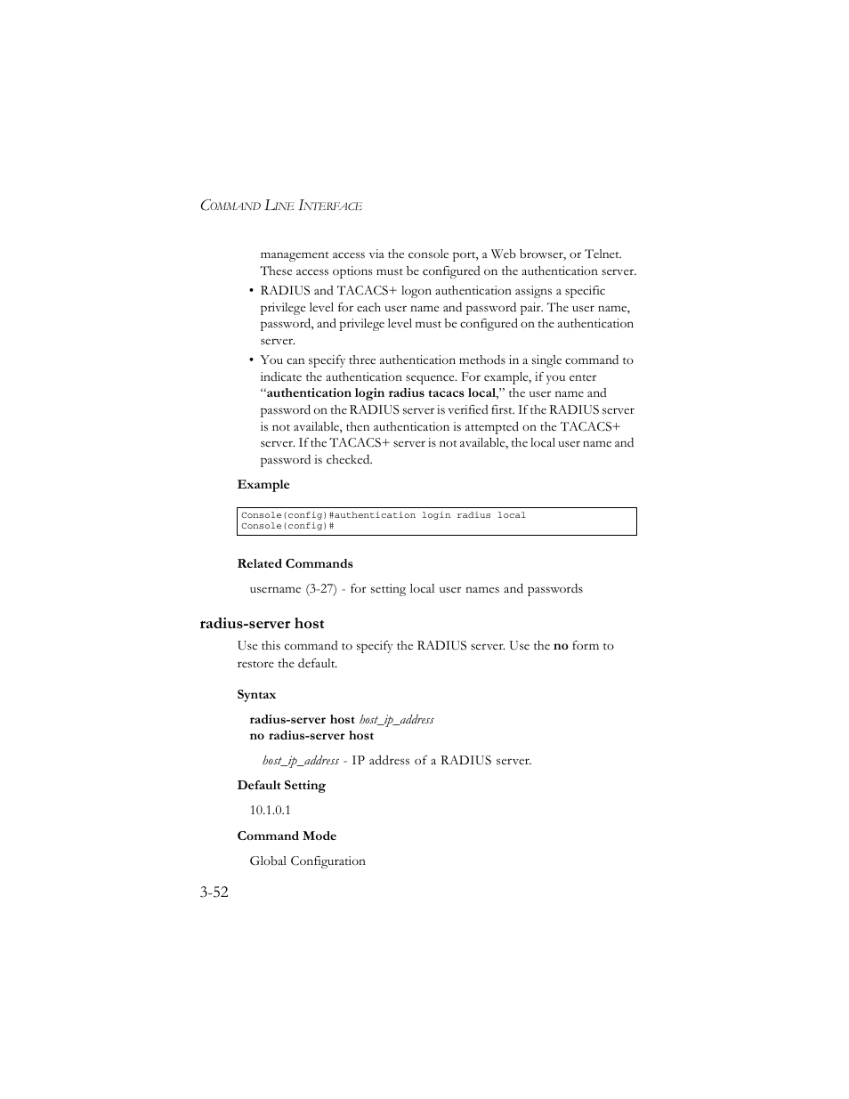Radius-server host, Radius-server host -52 | SMC Networks TigerSwitch 100 User Manual | Page 196 / 334
