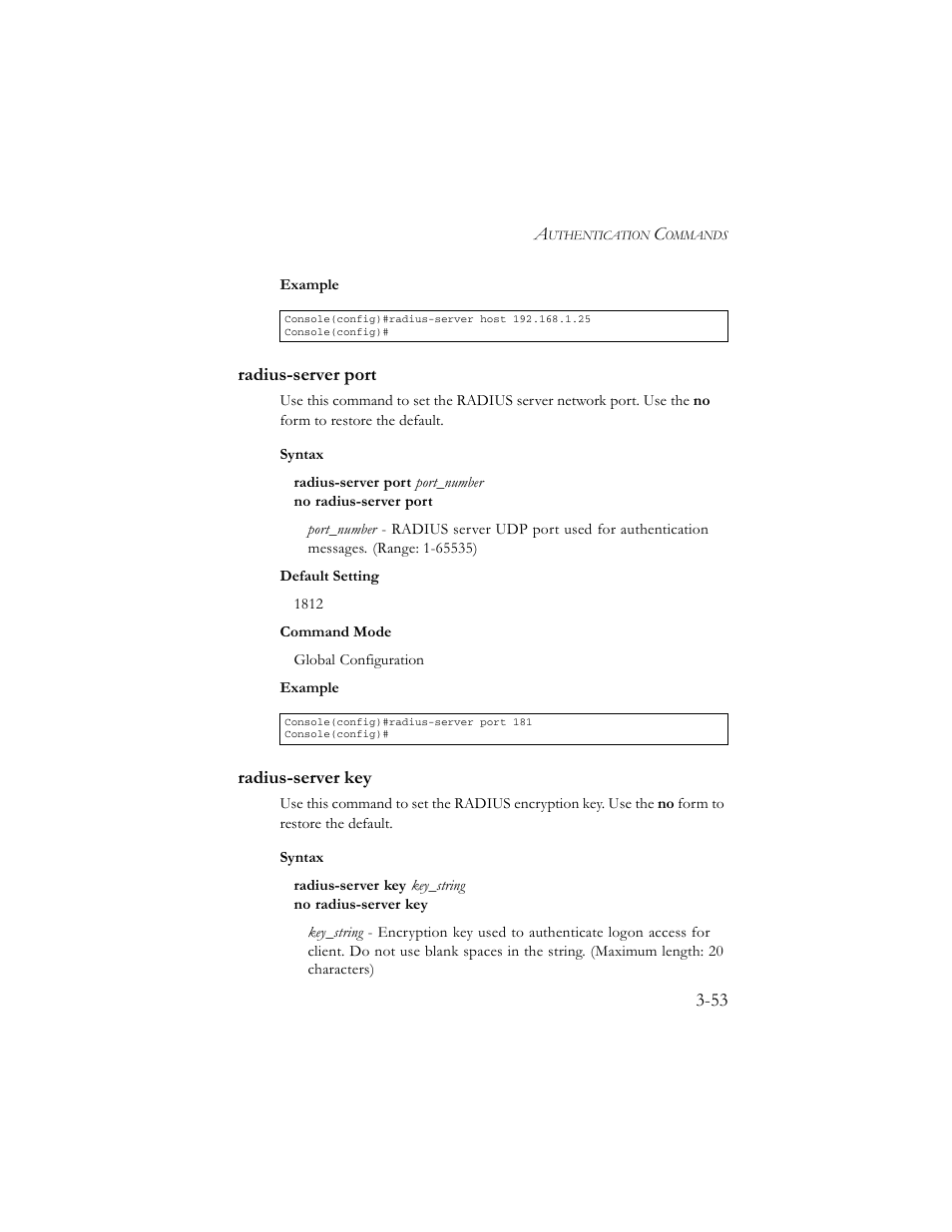 Radius-server port, Radius-server key, Radius-server port -53 radius-server key -53 | SMC Networks TigerSwitch 100 User Manual | Page 197 / 334