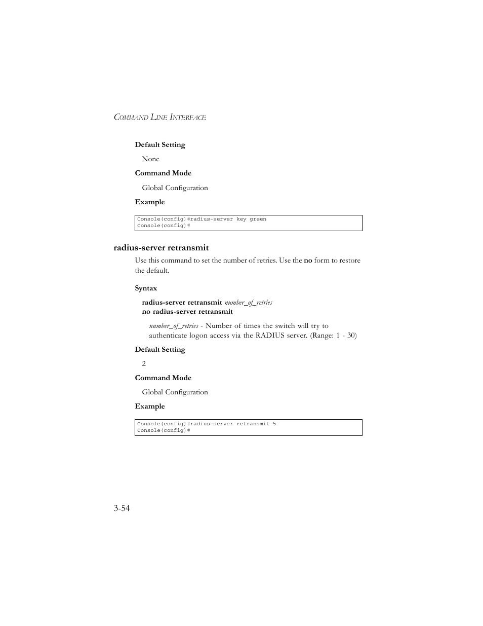 Radius-server retransmit, Radius-server retransmit -54 | SMC Networks TigerSwitch 100 User Manual | Page 198 / 334