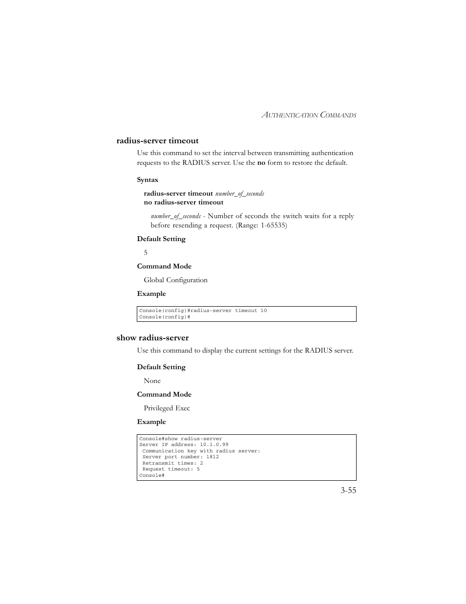 Radius-server timeout, Show radius-server, Radius-server timeout -55 | Show radius-server -55 | SMC Networks TigerSwitch 100 User Manual | Page 199 / 334