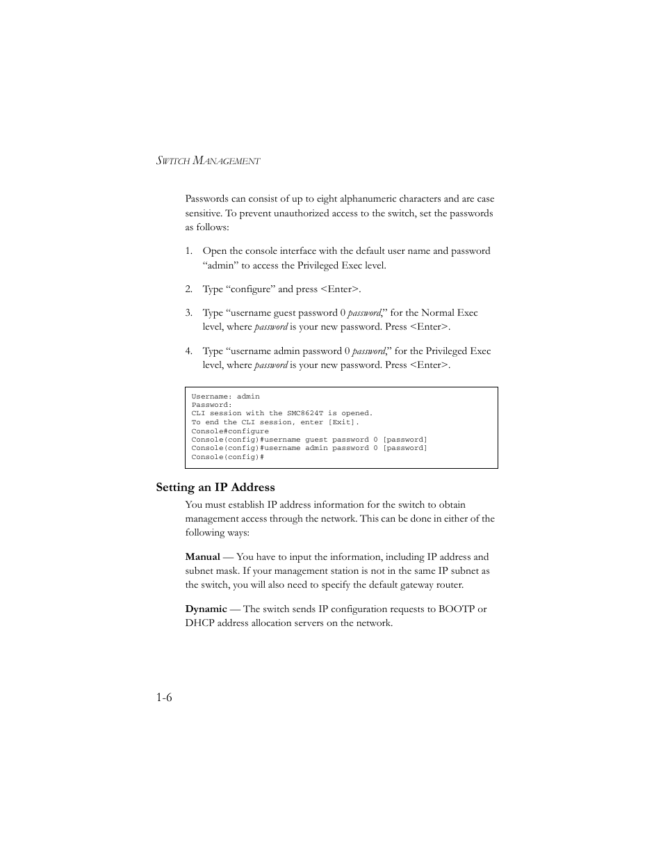 Setting an ip address, Setting an ip address -6 | SMC Networks TigerSwitch 100 User Manual | Page 20 / 334