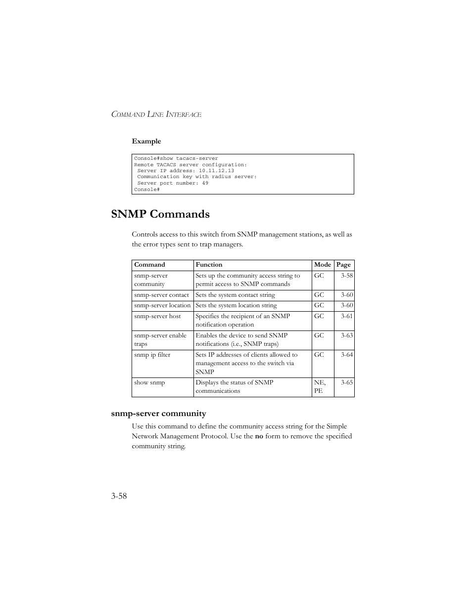 Snmp commands, Snmp-server community, Snmp commands -58 | Snmp-server community -58 | SMC Networks TigerSwitch 100 User Manual | Page 202 / 334
