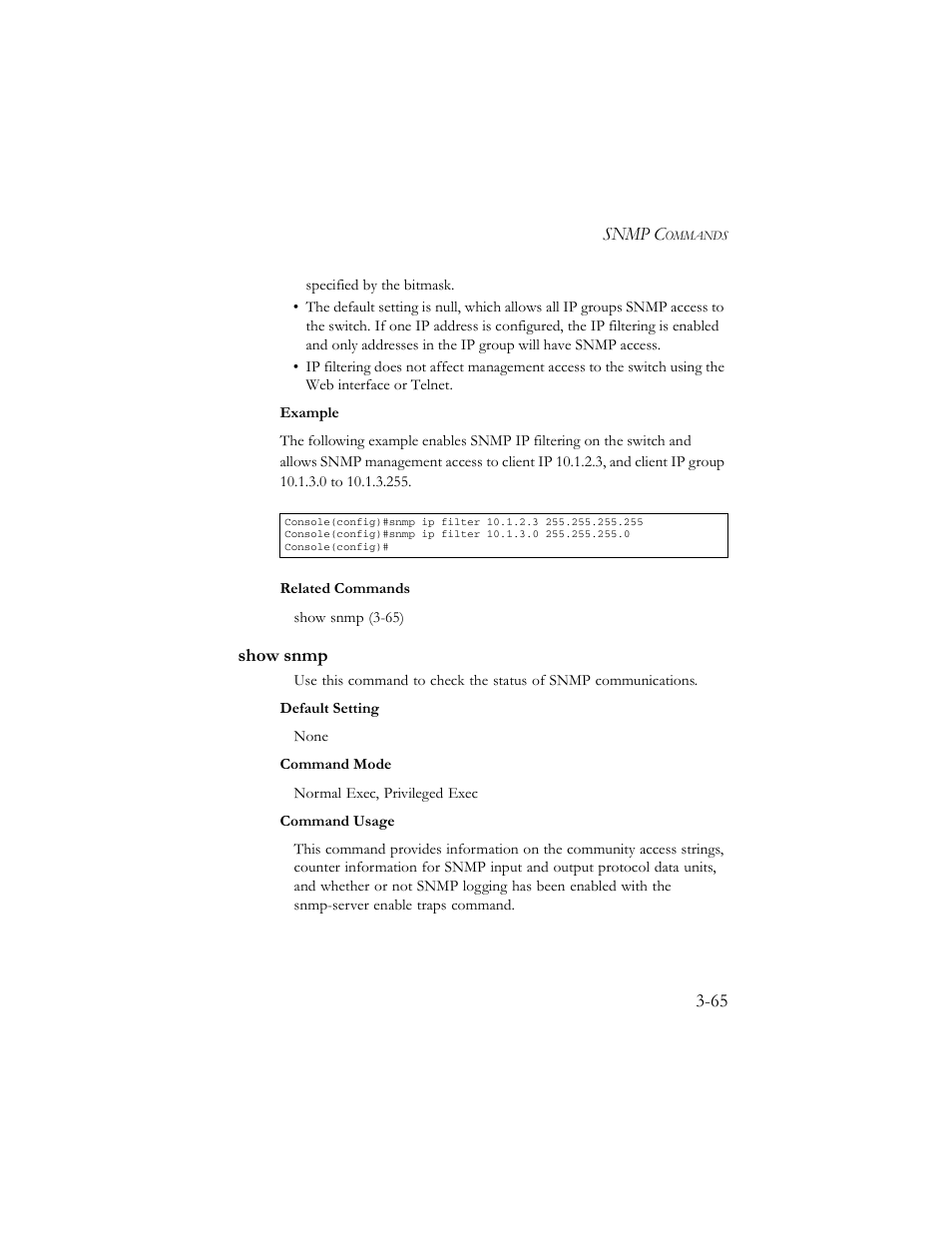 Show snmp, Show snmp -65 | SMC Networks TigerSwitch 100 User Manual | Page 209 / 334