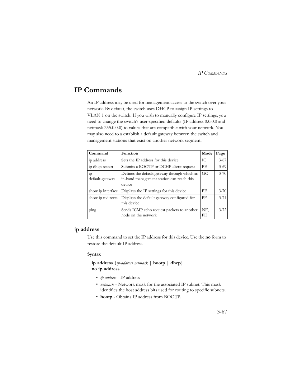 Ip commands, Ip address, Ip commands -67 | Ip address -67, Ip c | SMC Networks TigerSwitch 100 User Manual | Page 211 / 334