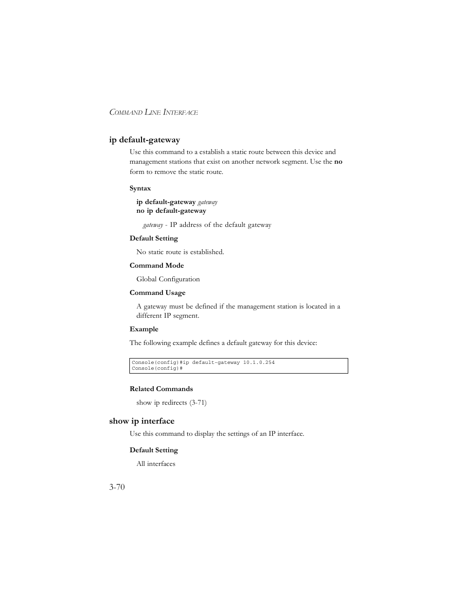 Ip default-gateway, Show ip interface, Ip default-gateway -70 show ip interface -70 | SMC Networks TigerSwitch 100 User Manual | Page 214 / 334