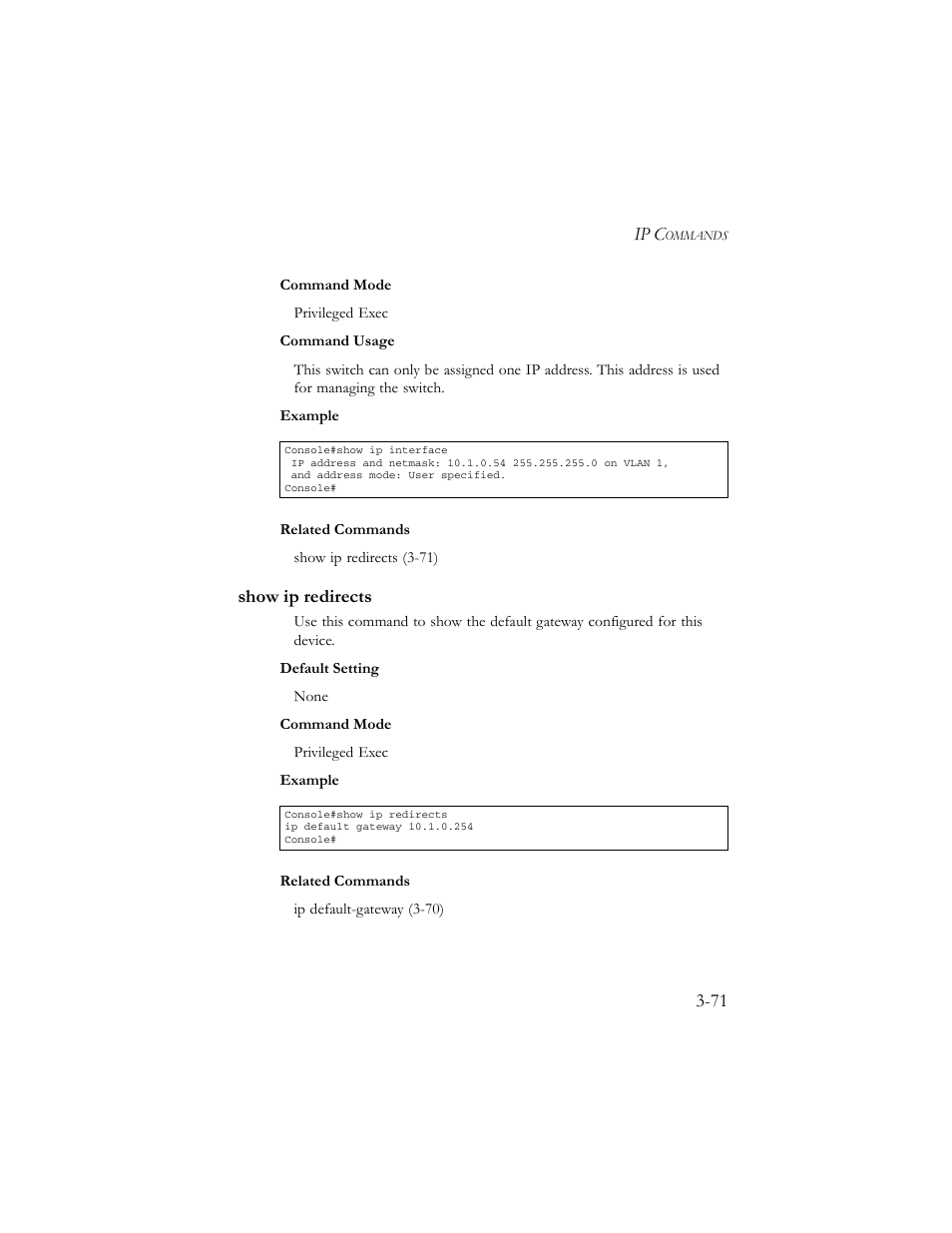 Show ip redirects, Show ip redirects -71, Ip c | SMC Networks TigerSwitch 100 User Manual | Page 215 / 334