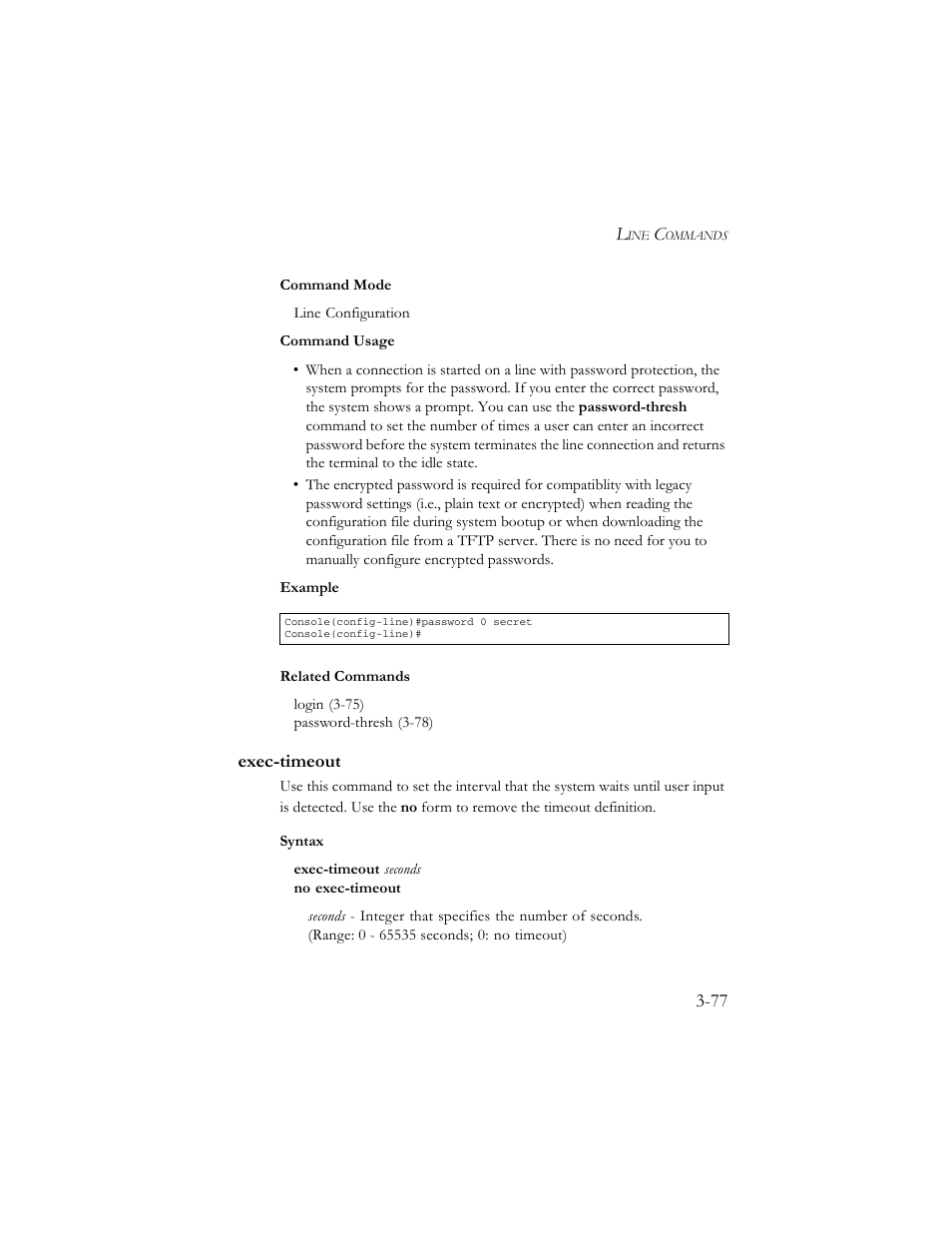 Exec-timeout, Exec-timeout -77 | SMC Networks TigerSwitch 100 User Manual | Page 221 / 334