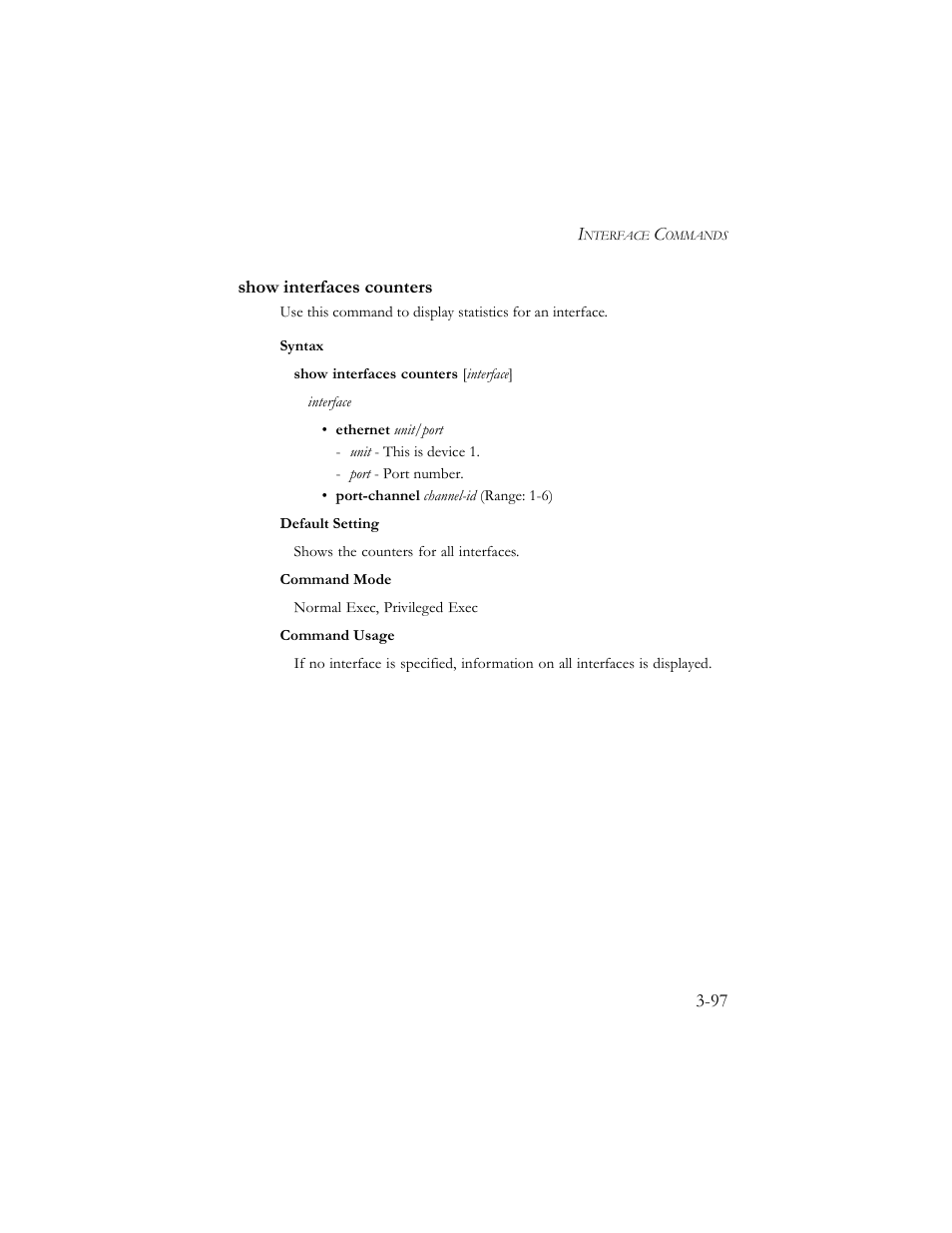 Show interfaces counters, Show interfaces counters -97 | SMC Networks TigerSwitch 100 User Manual | Page 241 / 334