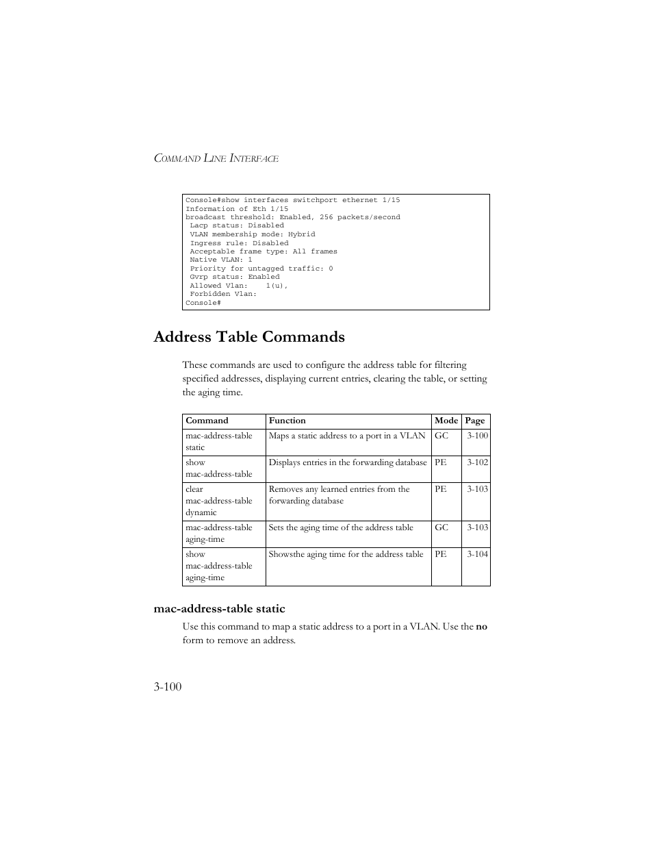 Address table commands, Mac-address-table static, Address table commands -100 | Mac-address-table static -100 | SMC Networks TigerSwitch 100 User Manual | Page 244 / 334