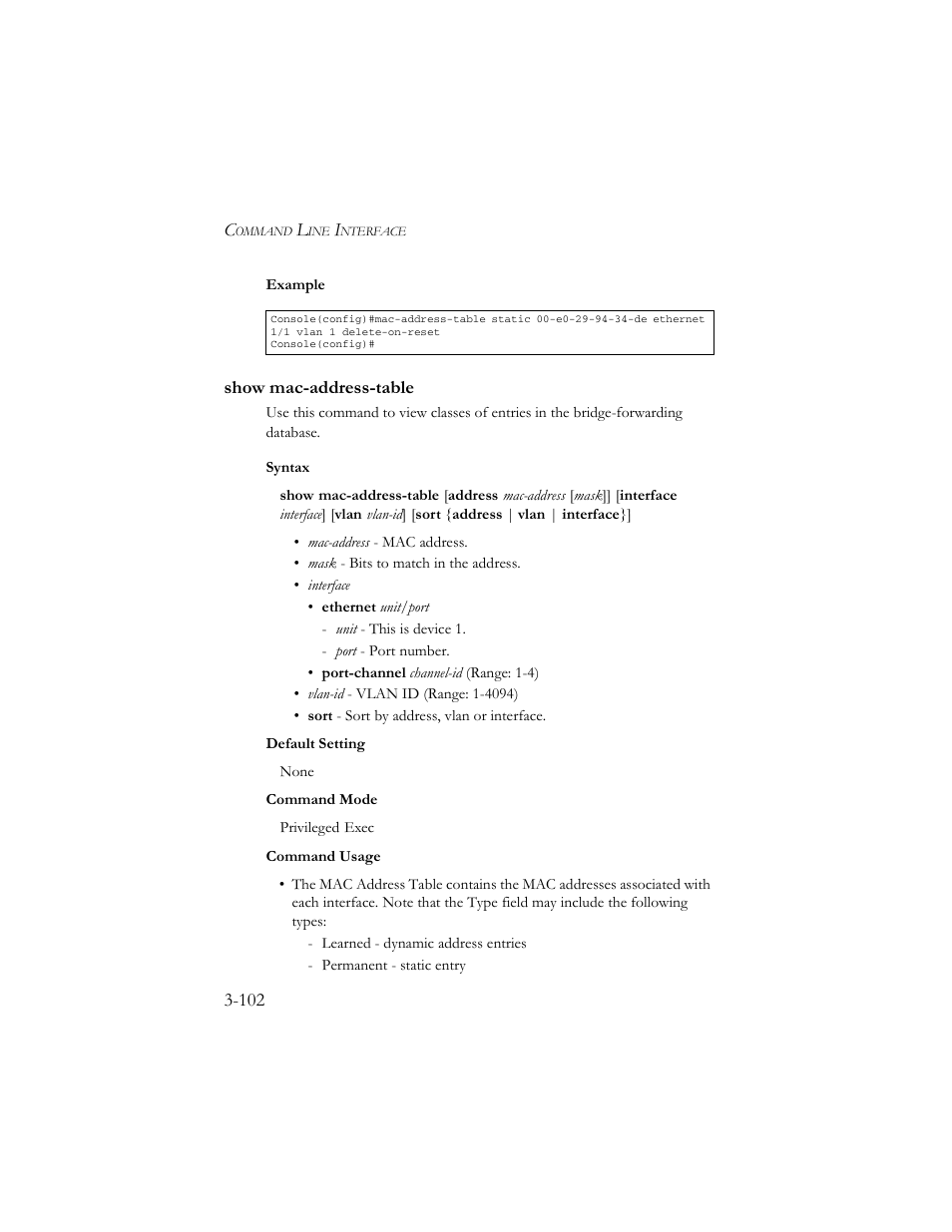Show mac-address-table, Show mac-address-table -102 | SMC Networks TigerSwitch 100 User Manual | Page 246 / 334