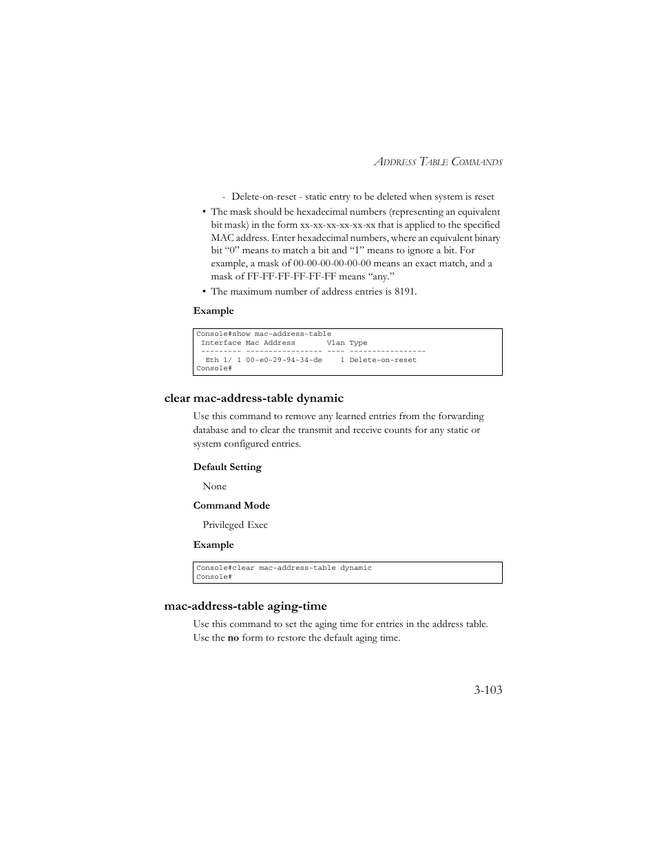 Clear mac-address-table dynamic, Mac-address-table aging-time | SMC Networks TigerSwitch 100 User Manual | Page 247 / 334