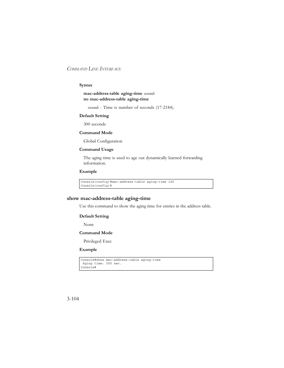 Show mac-address-table aging-time, Show mac-address-table aging-time -104 | SMC Networks TigerSwitch 100 User Manual | Page 248 / 334