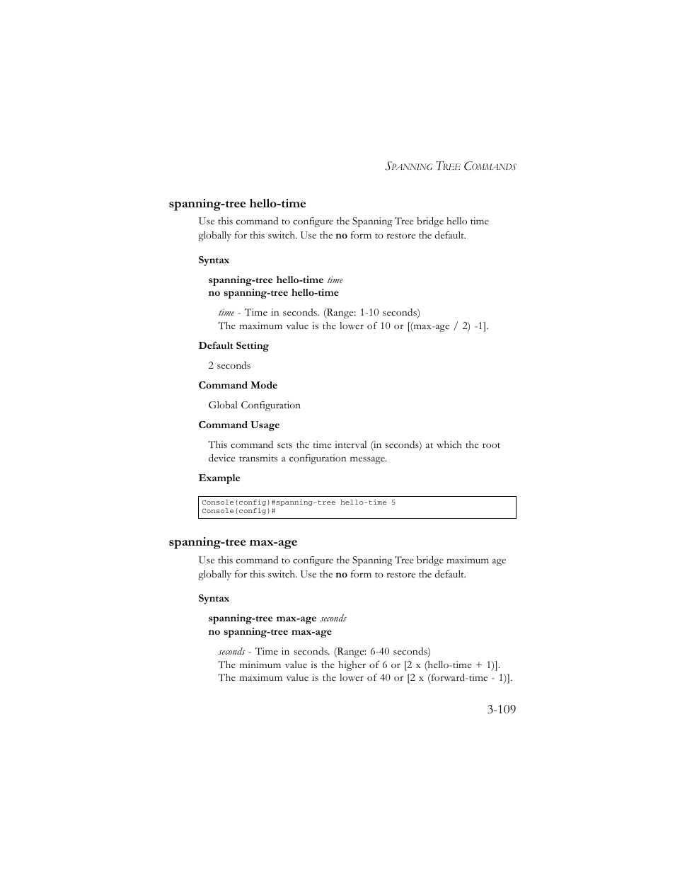 Spanning-tree hello-time, Spanning-tree max-age | SMC Networks TigerSwitch 100 User Manual | Page 253 / 334